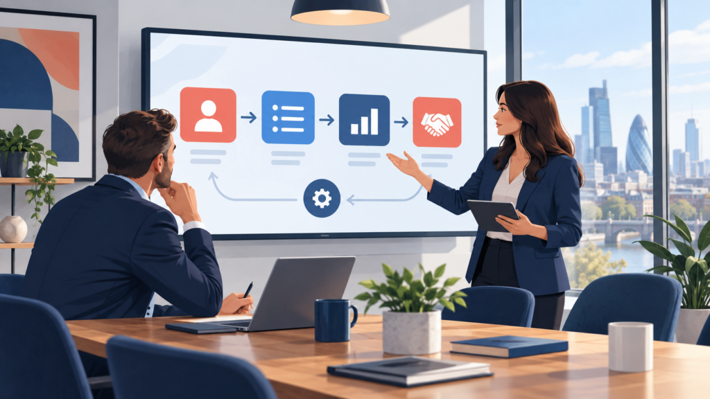 CRM consultant guiding a UK business through process design, data and reporting