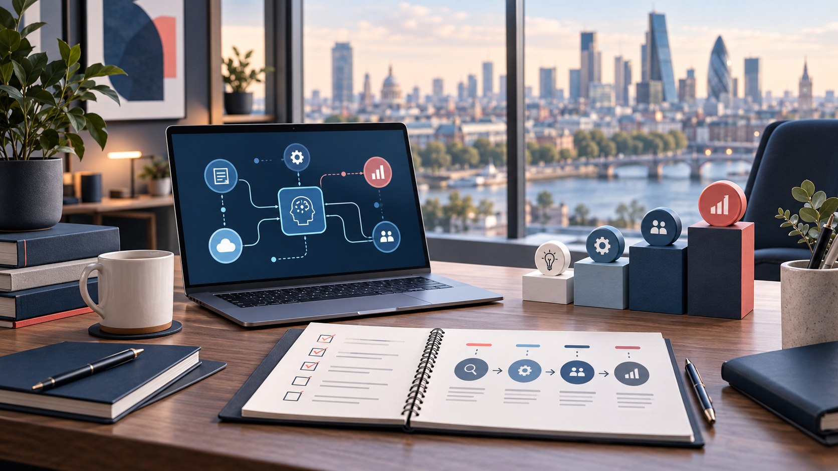 AI automation agency pricing planning with connected workflows and a London business setting