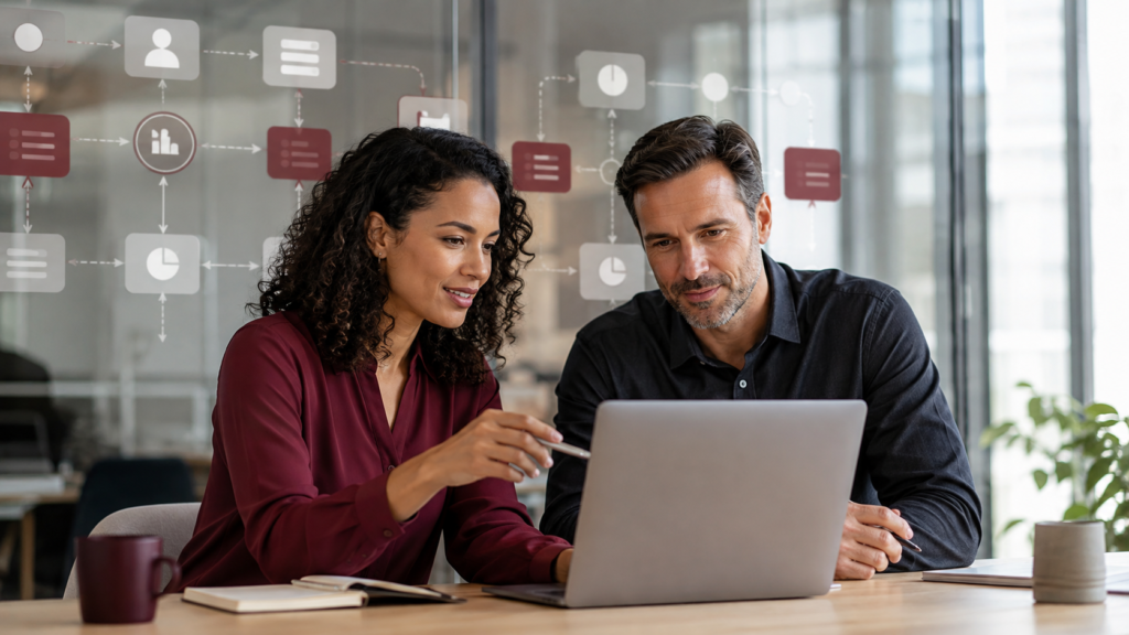 Business consultants reviewing an automated workflow
