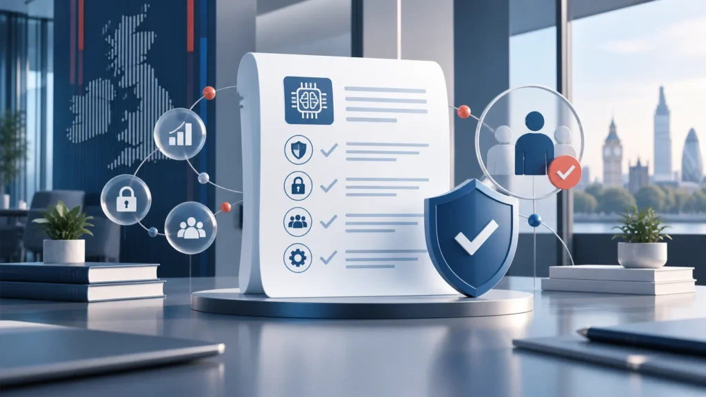 AI policy document with privacy, security and human oversight symbols in a London office