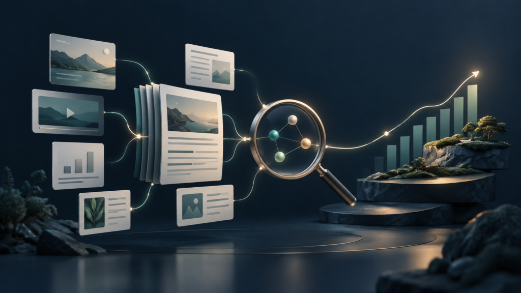 An abstract visual of source material, search discovery, and sustainable organic growth.