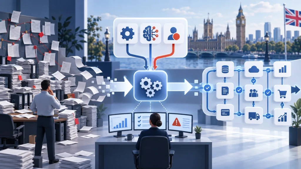 Manual paperwork transforming into a governed digital business workflow in a London office