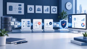 CRM migration workflow showing data mapping, cleansing, validation and secure cutover