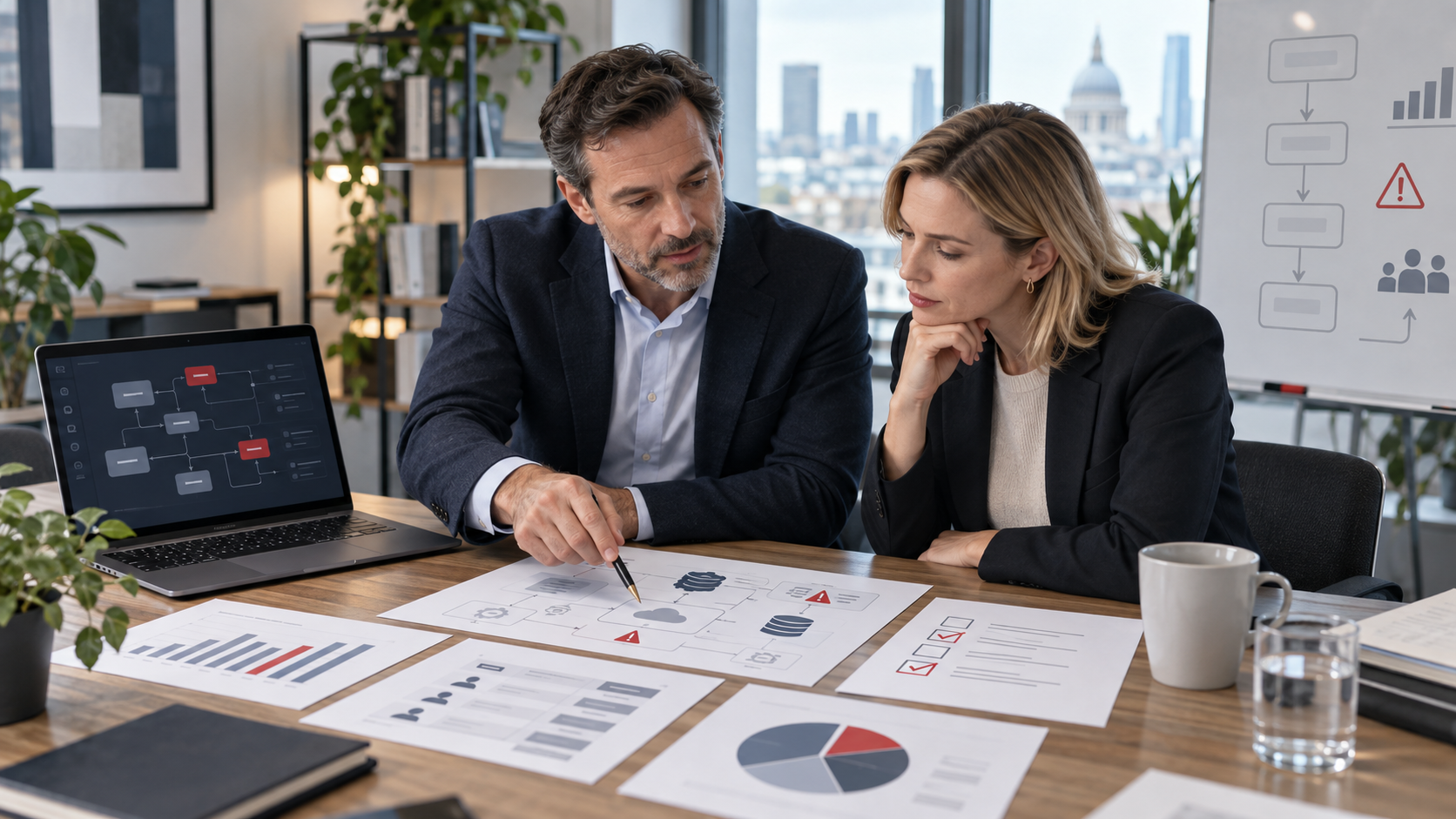 Fractional consultant reviewing an AI automation proposal with a UK business leader