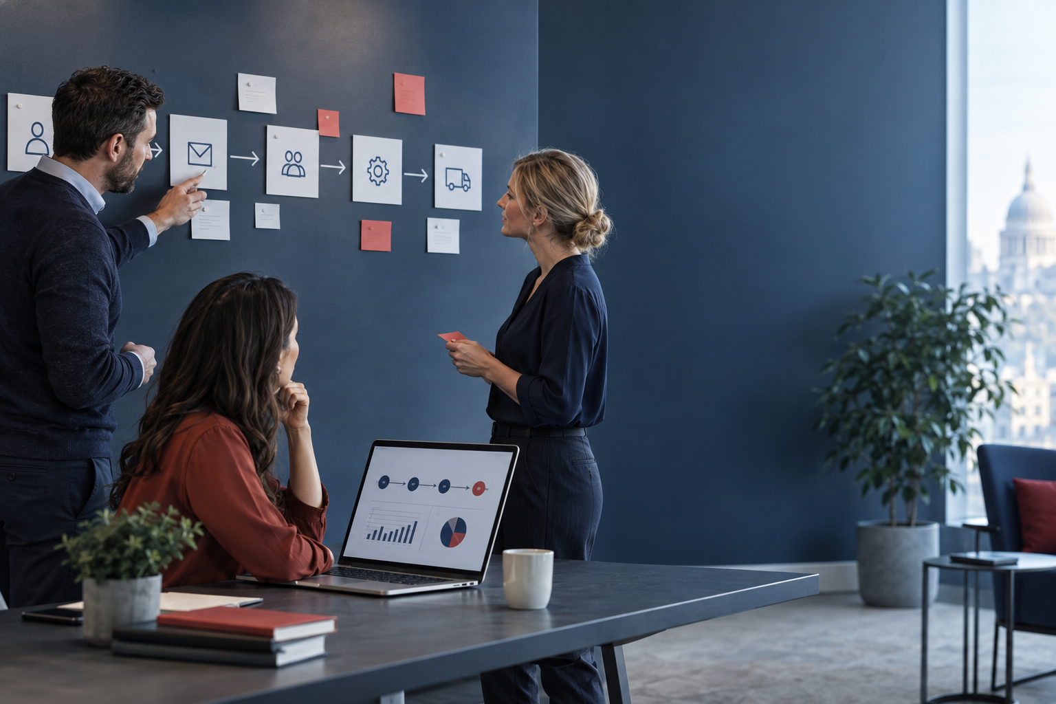 Service business team mapping an AI workflow from enquiry to delivery