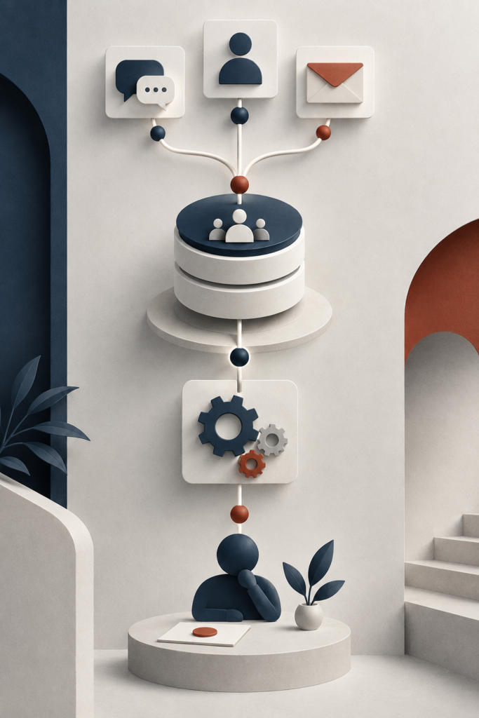 Abstract illustration of a connected customer workflow through CRM and automation.
