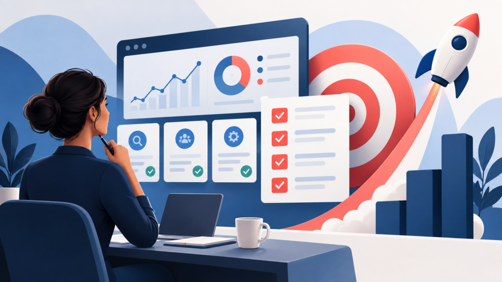 Google Ads campaign planning dashboard with checklist, target and launch arrow