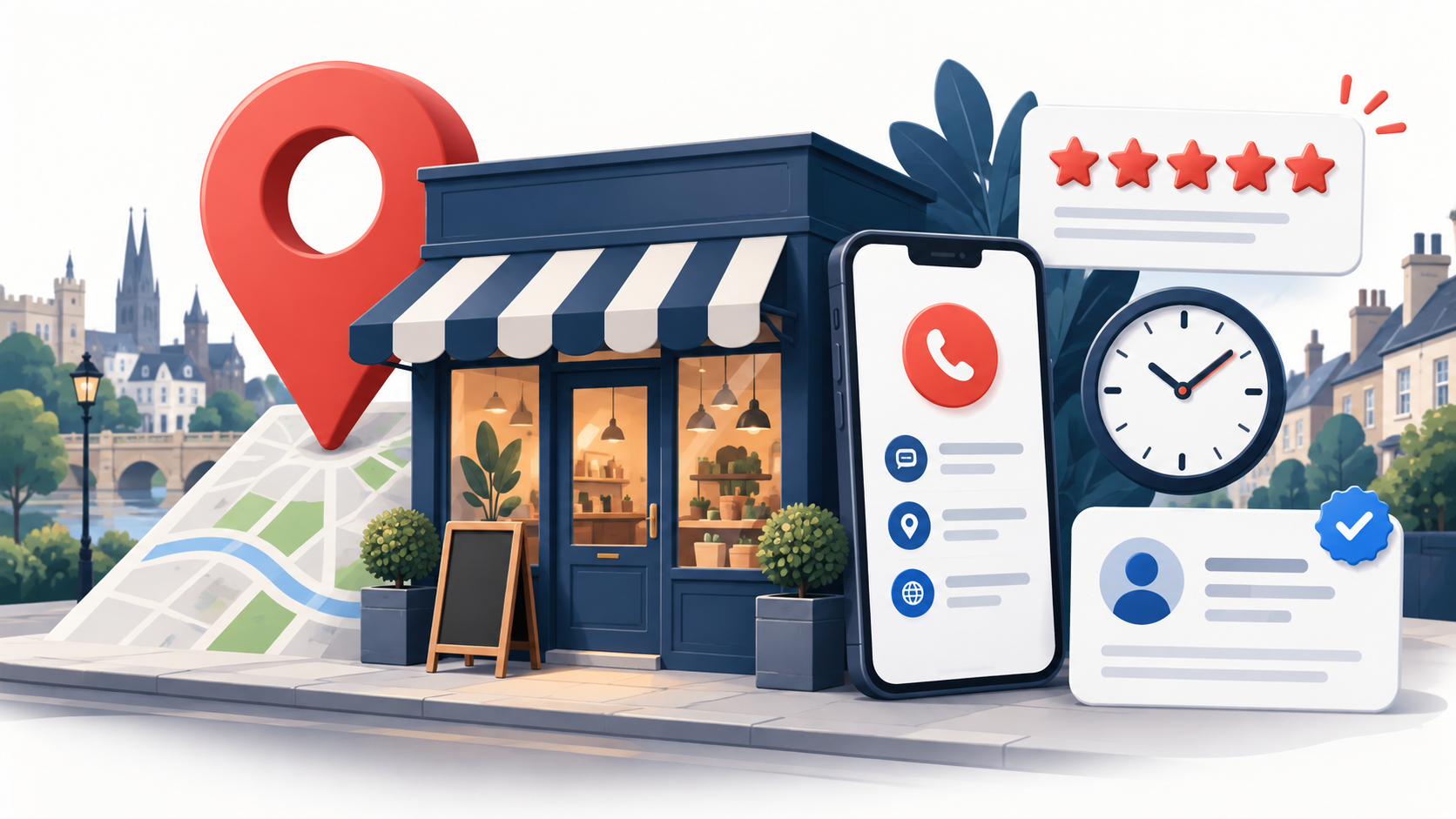 Local business profile with map pin, reviews, contact details and opening hours