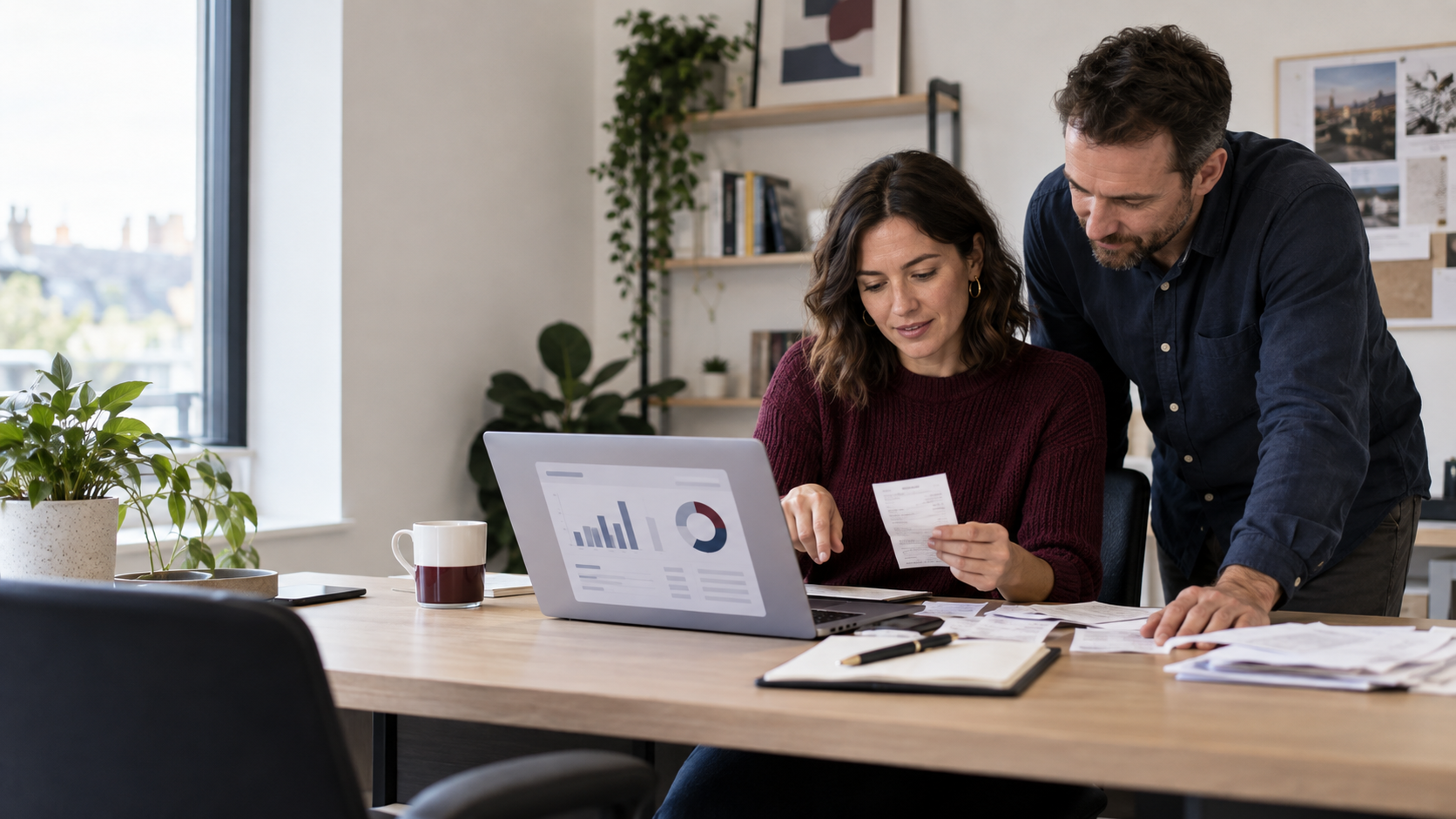 Two people reviewing financial reports and receipts on a laptop in an office