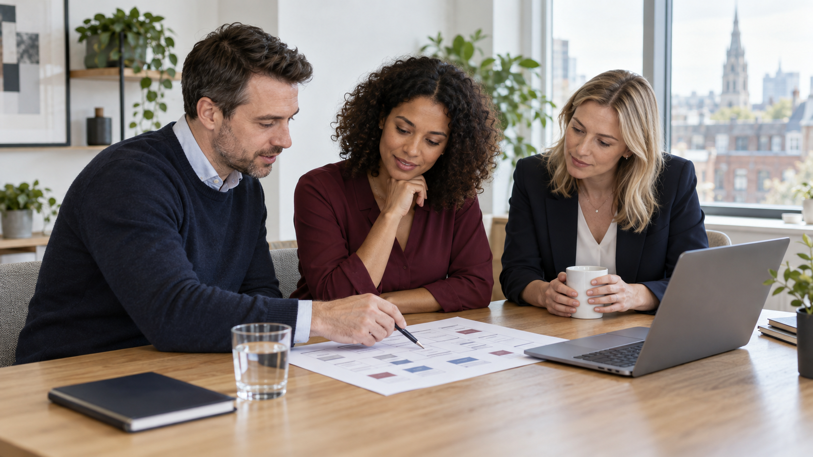 Three colleagues reviewing a CRM process map and requirements beside a laptop
