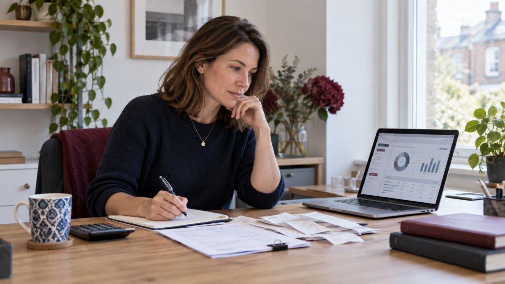 Small business owner reviews invoices and bookkeeping figures