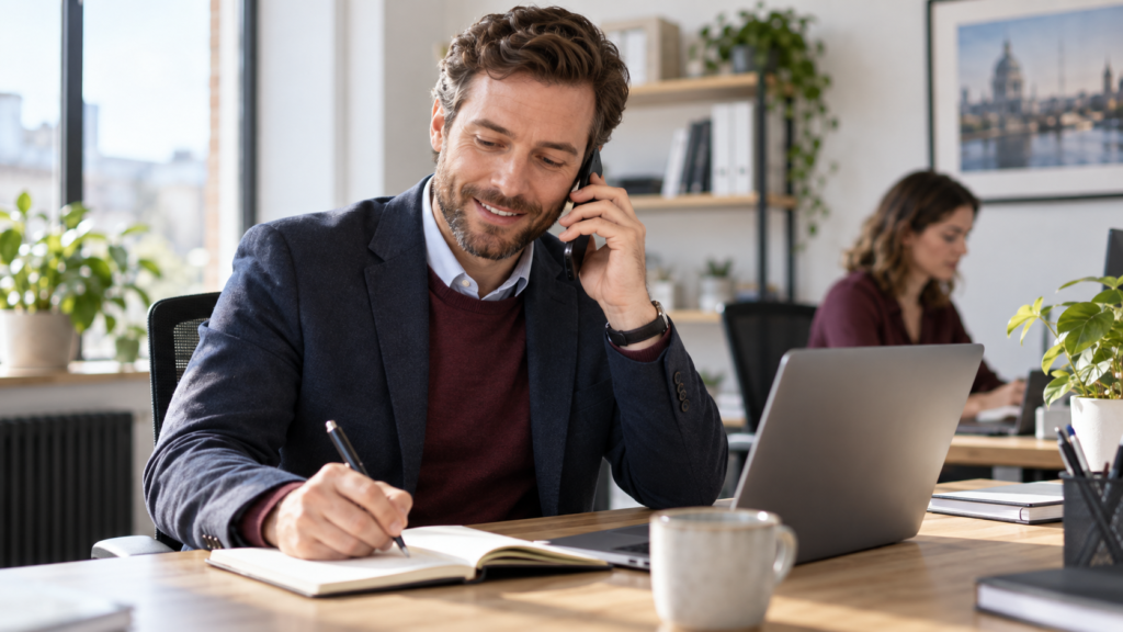 Consultant follows up a client enquiry by phone while taking notes