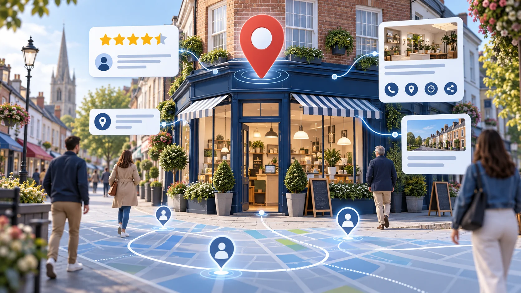 UK high-street business surrounded by local search map, review and location signals