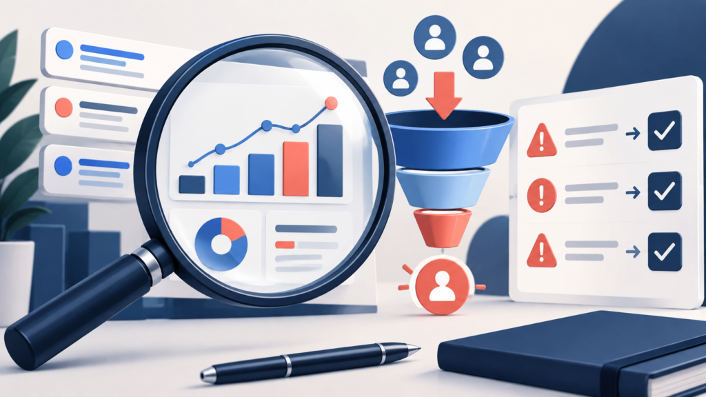 PPC performance audit with magnifying glass, conversion funnel and checklist