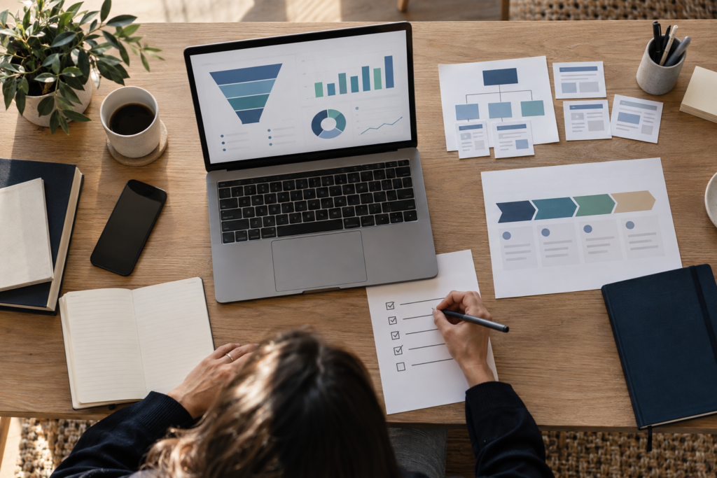 A consultant planning SEO priorities, website architecture, lead flow, and reporting.