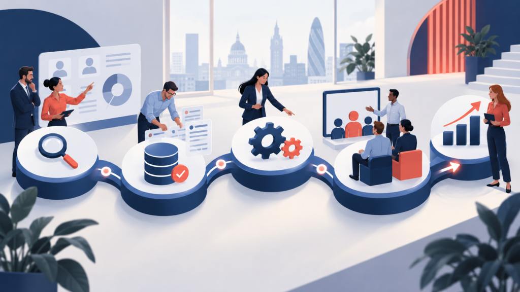 CRM implementation stages covering discovery, data, automation, training and reporting